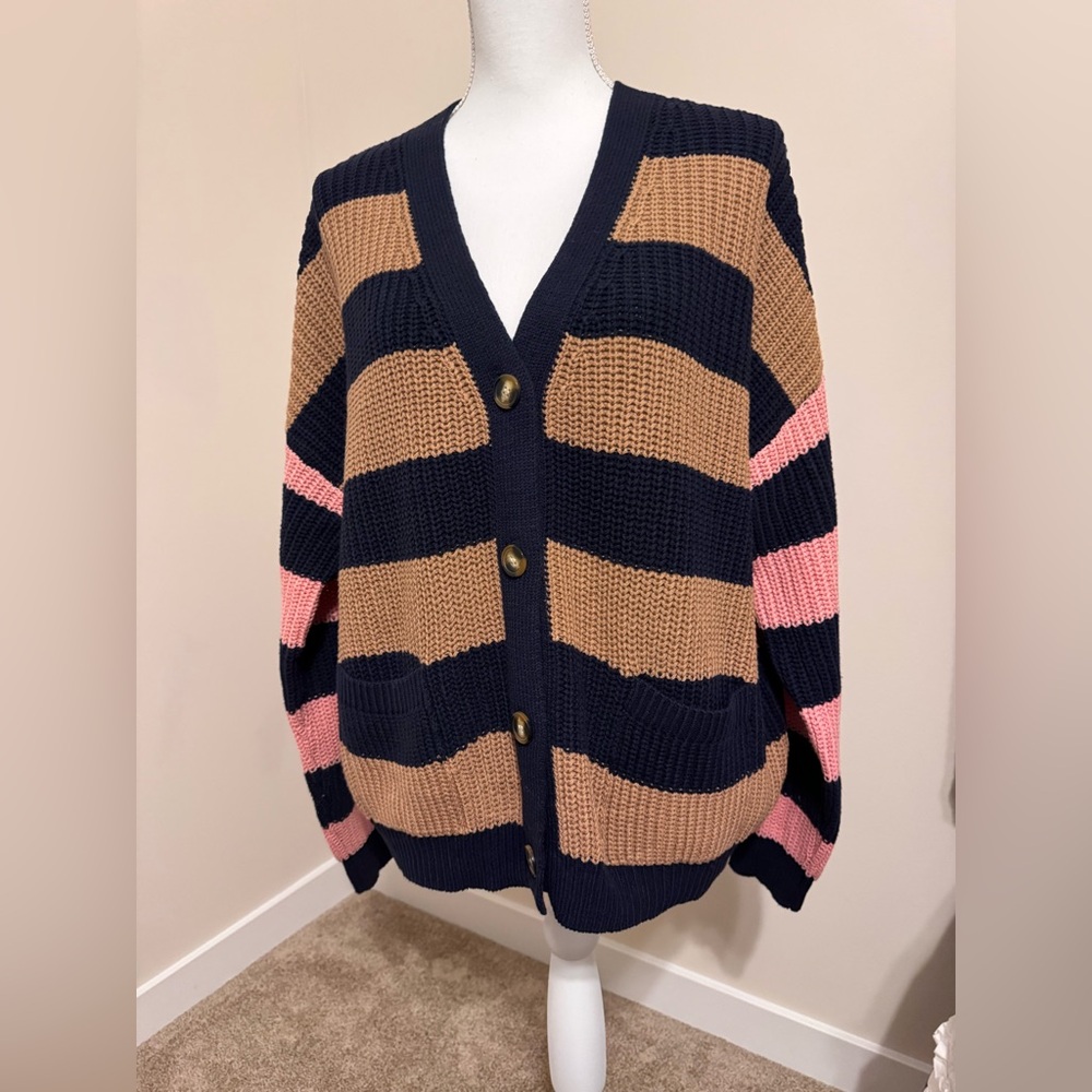 Time and Tru Navy, Tan, and Pink Striped Cardigan